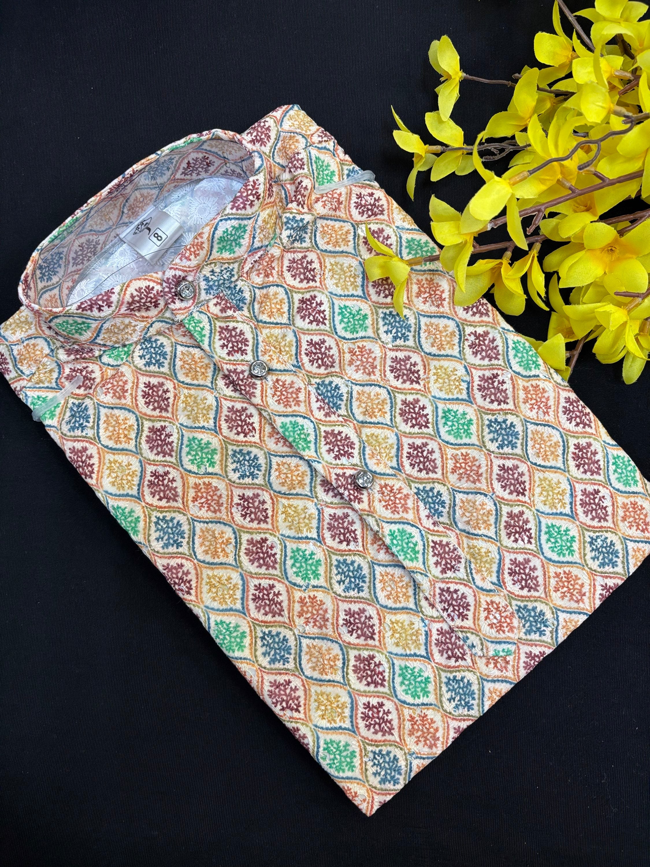 Boys Chikenkari work Digital Print Kurta set - Size 4 to 12 image 1